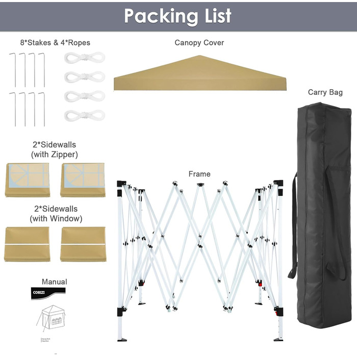 COBIZI Pavilion - Waterproof, Stable, Winter-Proof, Foldable, Pop-Up Gazebo/Party Tent for Beach, Wedding, Garden - with 4 Side Panels, UV Protection 50+, Adjustable Height (Khaki, 3x3m)
