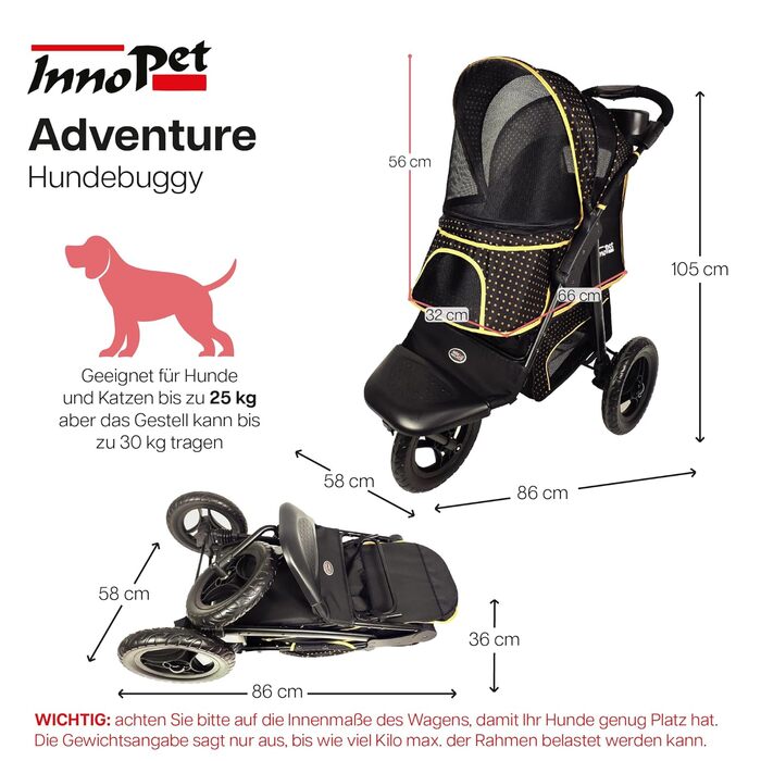 Buggy Innopet Adventure для собак та котів - чорний/жовтий, для бездоріжжя, вантажопідйомність 30 кг, EVA-колеса 30 см, складаний, великий відсік для зберігання