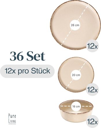 Набір посуду Steingut (36 предметів) для 12 осіб, Rustic стиль, Pure Living, бежевий колір