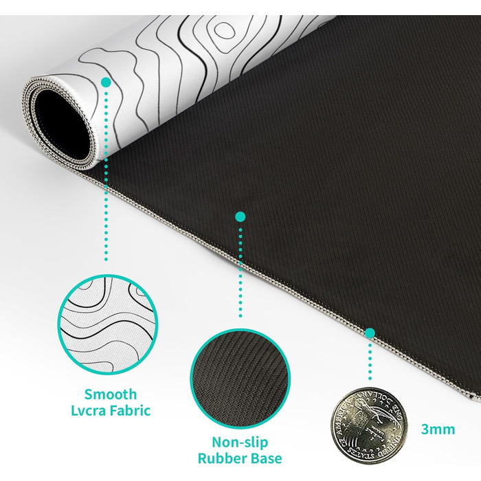 Мат для миші Japanische e Meereswelle, абстрактний дизайн, 80x20 см, хвиля, нековзна гумова основа, великий килимок для миші, для офісу та дому (біла топографічна лінія)