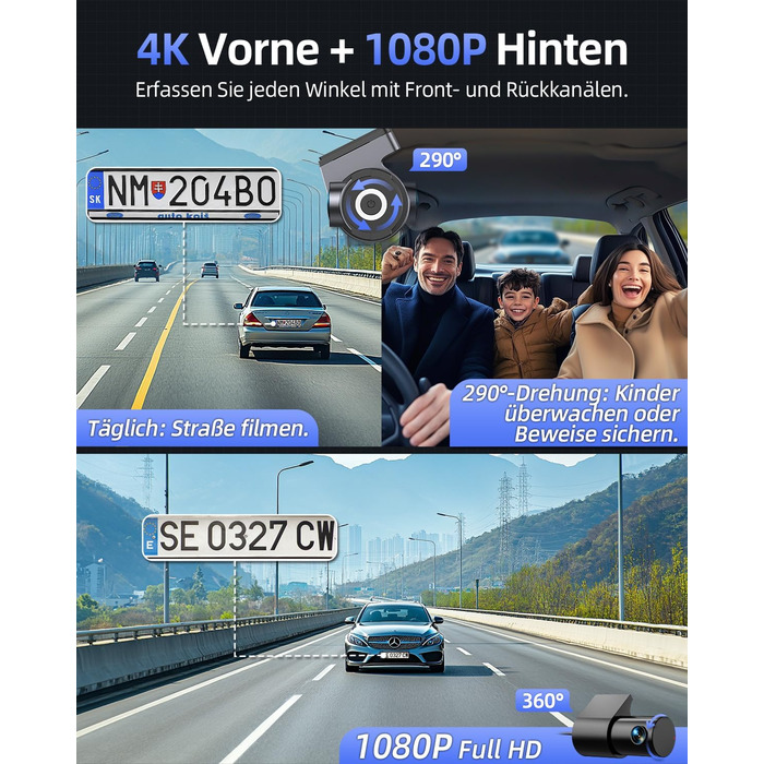 Відеореєстратор CIEVIE 4K+1080P з двома камерами, WiFi, IPS дисплей 1.5