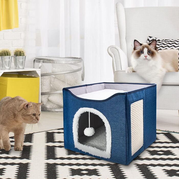 Кітняча хатинка FURRYPAWS - затишний будиночок для котів, підходить для дому та вулиці, стабільна конструкція, ідеально для котів та кошенят (2-ярусний, блакитний)