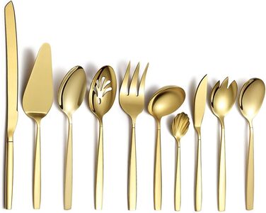 Berglander Gold Cutlery Serving Set, 10 Pieces, Stainless Steel Cutlery Serving Set with Gold Titanium Coating, Serving Spoon, Silver Serving Utensil, Rust Protection (10 Pieces)