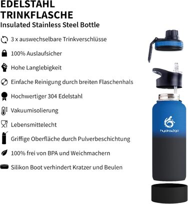 Stainless Steel Water Bottle – BPA-free Thermos Bottle for Kids, School, Sports & Outdoor – Keeps Drinks Hot for up to 12H and Cold for up to 24H – Includes 3 Drinking Lids – (Space, 950 ml)