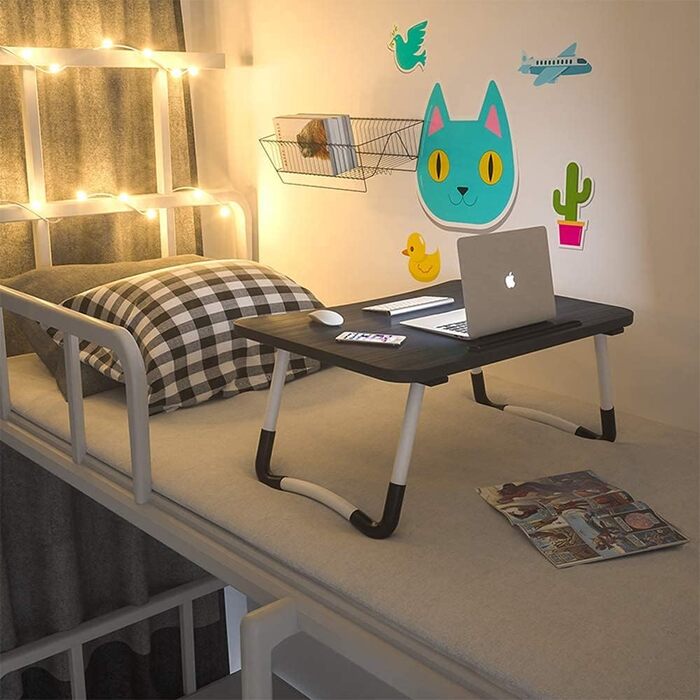 Настільний столик для ліжка з ящиком для зберігання, тримачем для чашки та планшета, складний столик-підставка для ноутбука, чорний (23,6 дюйми)