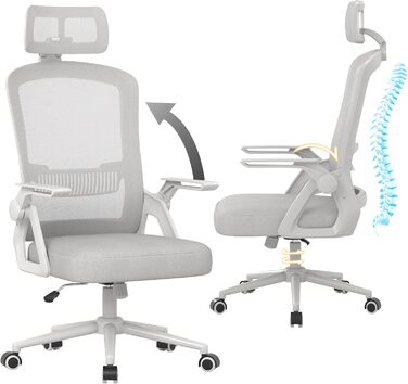 Офісний крісло Naspiro Ergonomic, регульована висота, поворотне, з дихаючою спинкою з сітки, відкидні підлокітники на 90°, підтримка попереку, щільна піна, для дому/офісу (Сірий-1, з підголовником)