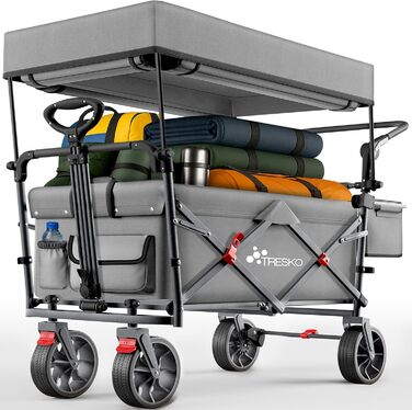 Трьохколісний візок TRESKO® Bollerwagen з дахом, кишенькою-холодильником та боковими шторками | Вантажопідйомність до 150 кг | З повного гумового покриття коліс та гальмами (передніми та задніми) та 3-точковим ременем безпеки (зелений, сірий)