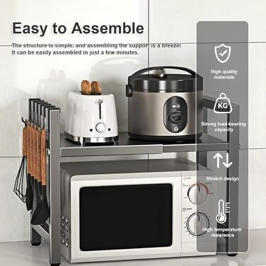 Настільний органайзер для мікрохвильової печі з 6 гачками, регульована висота та ширина, металевий, для кухні, спецій та кухонного приладдя