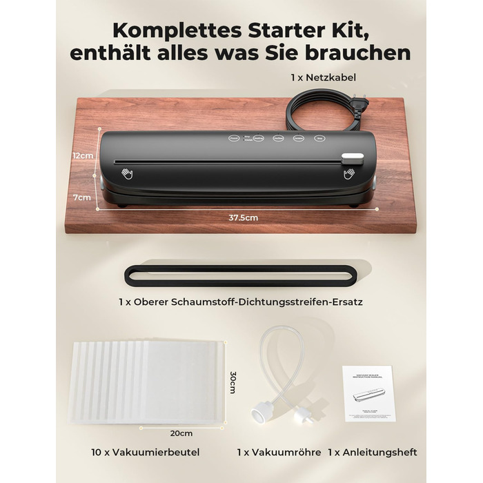 Вакуумний апарат 5 в 1: багатофункціональний вакууматор з вбудованим різаком, вакуумний пакувальник sous vide з 10 пакетами та шлангом, фольгозваріння для продуктів харчування