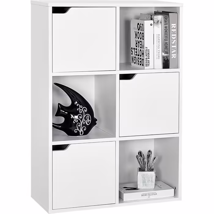 Storage Shelf, Multi-Tiered Bookshelf, Wooden Shelf, Storage Cabinet for Books and DVDs, Six Compartments with THREE Doors, White