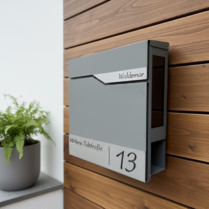 Поштовий ящик Metzler з газетницею та табличкою з нержавіючої сталі V2A, сучасний, стійкий до іржі, сірий алюміній Ral 9007, 10 років гарантії на запчастини, з вікном огляду Siebert