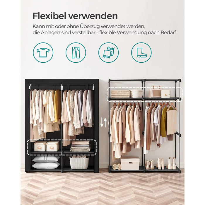 SONGMICS Storage Cabinet, Portable, with Hanging Rod, Foldable, Wardrobe, Bedroom, Office, 140 x 43 x 174 cm, RYG02GY (Black)