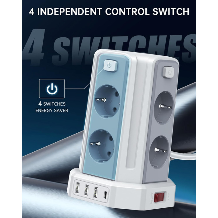 Многорозетка Sameriver з 4 USB, 8 розеток, захистом від перенапруги, вимикачем, 2м, білий