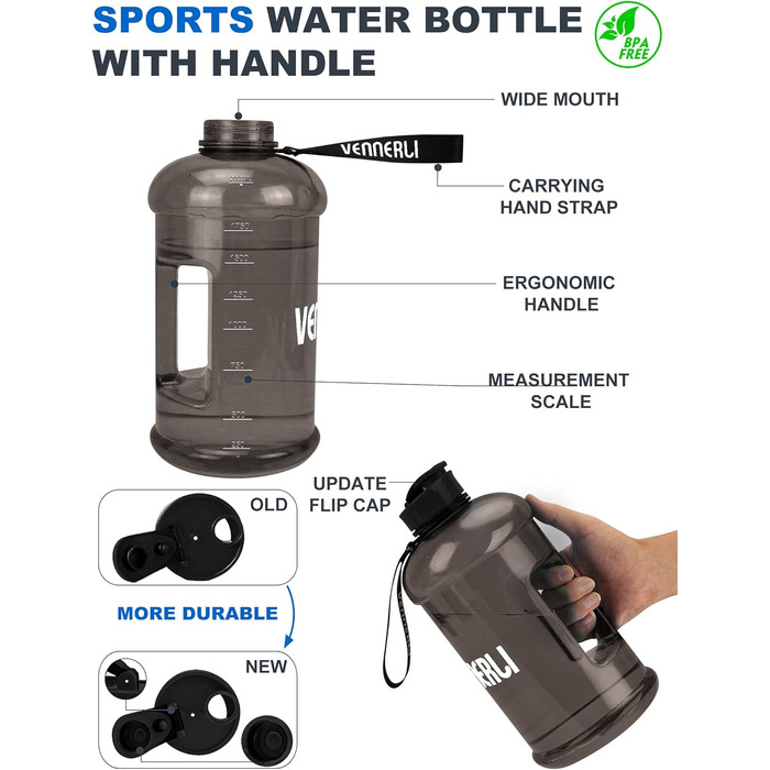 Пляшка для води 2.2л з ручкою, велика портативна пластикова, BPA-free, для спорту, туризму, фітнесу, подорожей, чорна