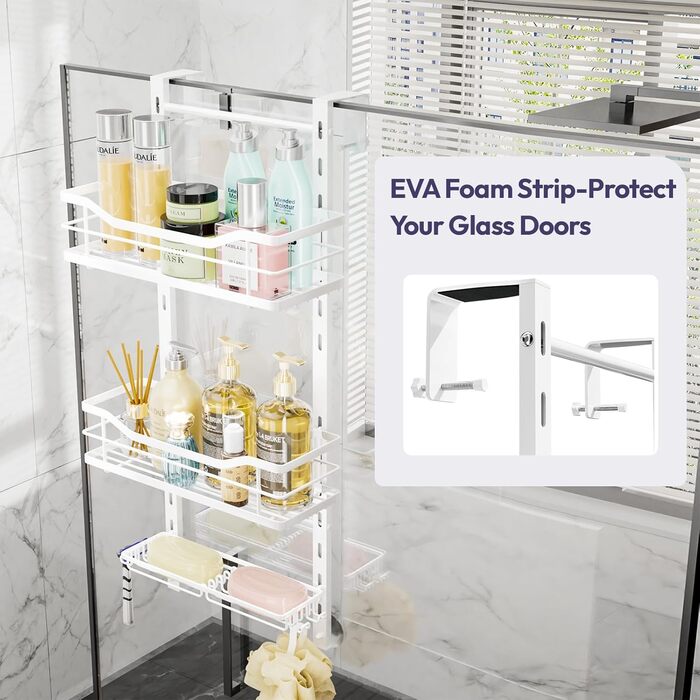 SWTYMIKI Adjustable Hanging Shower Shelf - No-Drill Shower Shelf for Glass Door, Stainless Steel Shower Shelf with Hooks and Soap Holder, Shampoo Holder for Shower, White