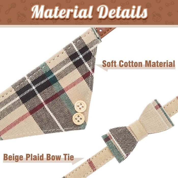 Набір аксесуарів для собак ExPawlorer: нашийник у клітинку з краваткою, рушник на шию, нашийник з дзвіночком та поводок, антизаплутування, регульований, бежевий, X-Small