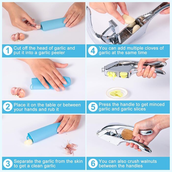 Прес для часнику з нержавіючої сталі 2 в 1 з очищувачем та щіткою, для миття в посудомийній машині