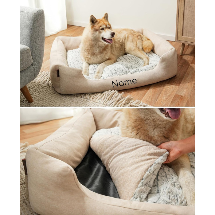 Lionto Dog Basket with Fluffy Reversible Cushion, Cozy Pet Bed in Heathered Design with Deep Entry for Dogs & Cats of All Sizes, 80x60 cm, Soft Dog Bed, (Beige, L 110 x W 80 x H 28 cm (with name tag))