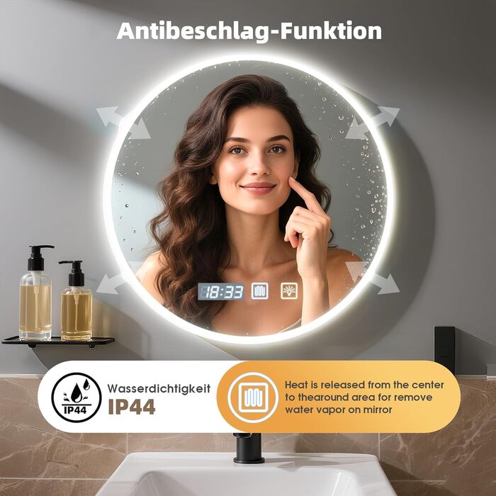Дзеркало для ванної кімнати Viugreum з підсвічуванням 50x75 см, овальне LED дзеркало, регульована яскравість, 3 кольори світла, протитуманне покриття, годинник, сенсорна кнопка, LED дзеркало для ванної кімнати, вітальні (60 см кругле)
