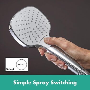 hansgrohe Croma Select E - water-saving showerhead 9 l/min (EcoSmart), hand shower with 3 spray patterns, square shower head (110 x 110 mm), showerhead with water-saving function and anti-limescale feature, White/Chrome