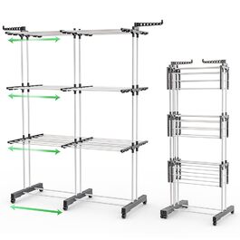 VOUNOT® Сушарка для білизни Турбо, висувна, компактна, для дому та вулиці, з розкладними крилами, телескопічною штангою та 6 роликами, 40м довжини сушіння, 3 яруси, біла