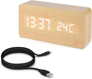 kwmobile Wooden-Look Digital Alarm Clock - Digital Clock with Time, Temperature, and Date Display - Alarm Clock with USB Cable in Birch with White LEDs