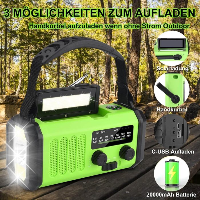 Портативна радіостанція з сонячною панеллю та живленням 20000 mAh, AM/FM, LED ліхтарик, SOS, динамо-генератор, USB, для активного відпочинку