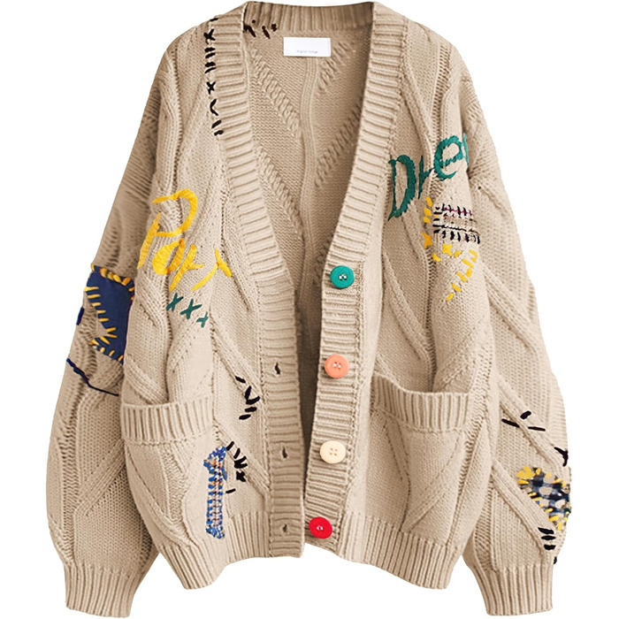 В'язаний кардиган Daen з косами, довгі рукави, відкрита передня частина, V-подібний виріз, ґудзикова застібка, вишивка, вовняна суміш, Пуловер, Куртка, Одяг для активного відпочинку (XXL, Хакі)