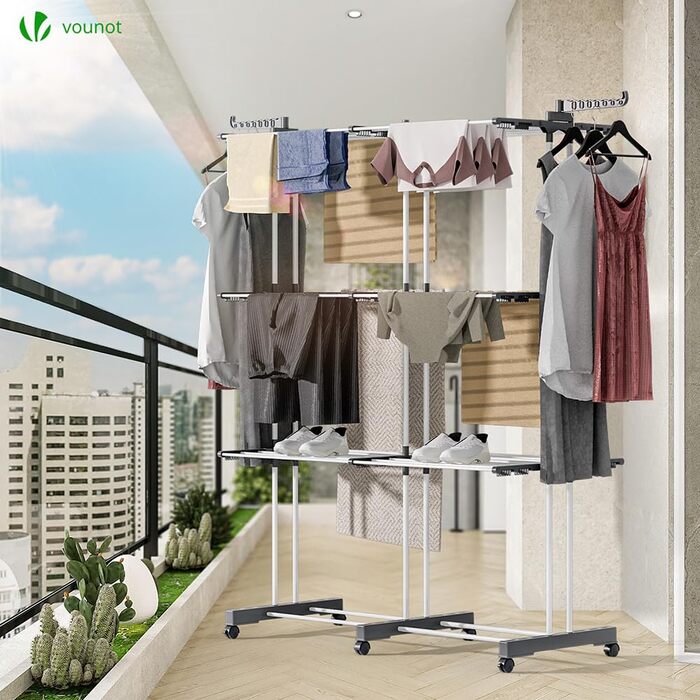 VOUNOT® Сушарка для білизни Турбо, висувна, компактна, для дому та вулиці, з розкладними крилами, телескопічною штангою та 6 роликами, 40м довжини сушіння, 3 яруси, біла