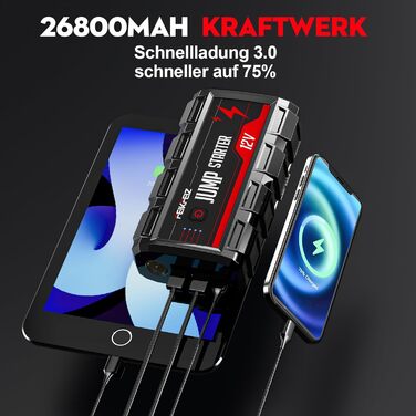 Powerbank Starthilfe 6000A: Зарядний пристрій для автомобіля 26800mAh, 12V, для бензинових та дизельних двигунів (до 10.0L), з LED ліхтариком та USB3.0 виходом