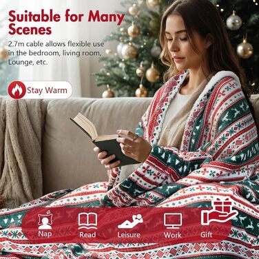 Електрична гріюча ковдра PRANITE 200x180 см з Sherpa-фланелі, 6 режимів нагріву, таймер, захист від перегріву, червона