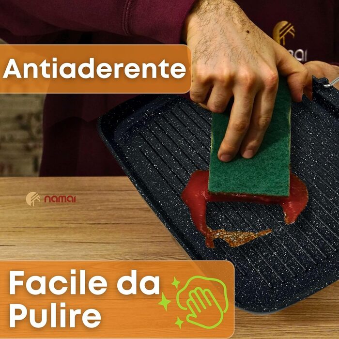 Гриль-пательня NAMAI алюмінієва лита 36x24 см, антипригарна, для газового гриля, придатна для посудомийної машини, Made in Italy