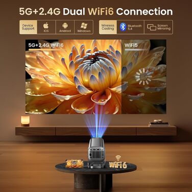 Міні проєктор Beamer 4K 1080p з Android 12.0, WiFi 6, Bluetooth 5.4, 22000 люмен, автокорекція трапецеїдальних спотворень, поворот 270°, підключення PC/HDMI/USB/TF, сірий