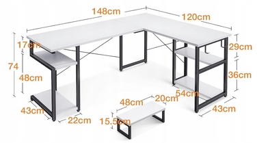 Кутовий ігровий комп'ютерний стіл 168x120 см, білий, з подовжувачем