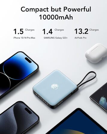 Power Bank VRURC 10000mAh з кабелем: компактний акумулятор USB-C, швидка зарядка 22.5W, LED-індикатор, сумісний з iPhone, Huawei