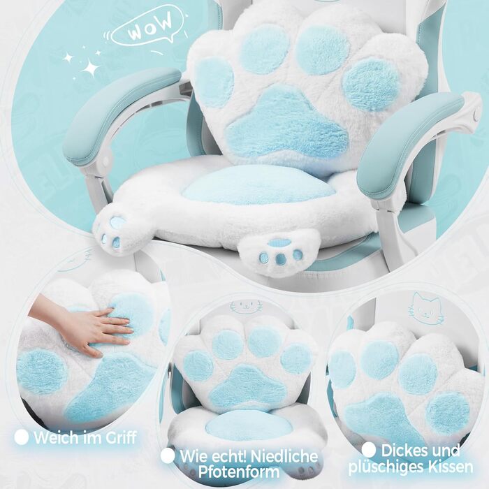 Ігровий крісло Dowinx з підніжкою, ергономічний, з дизайном лапок кота, тканинний, без крил, регульований, для дорослих, блакитний