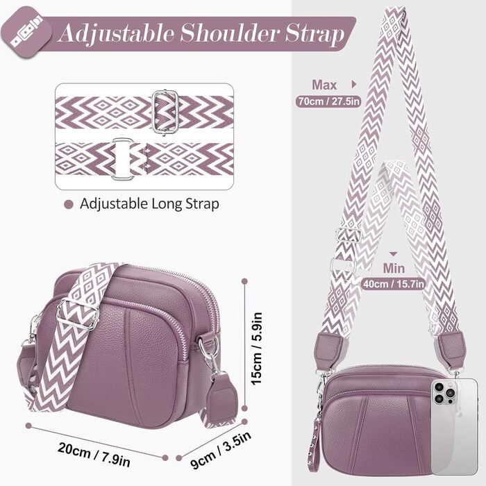 Сумка жіноча через плече кросбоді з натуральної шкіри лілового кольору, стильна, з широким ременем та відділенням для карт