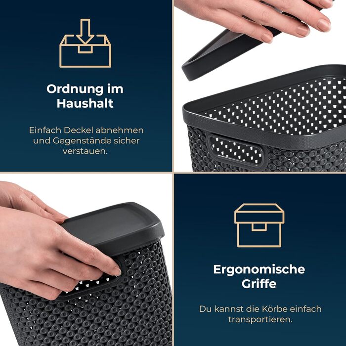 PREMIUM 3-Piece XXL Storage Box Basket Set with Lid Organizer - Ideal for Office, Closet, Wardrobe, Kitchen & Household (Anthracite, 3-Piece Set 7 Liters)