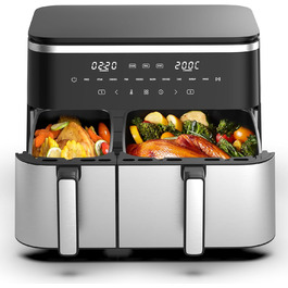 Фритюрниця повітряна подвійна 11л Airfryer, XXL фритюрниця з 2 кошиками, 7л/4л, для основного та гарніру одночасно, 2600W, 10 програм, сенсорний екран, нагадування про струшування