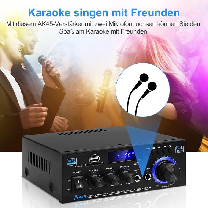 HiFi підсилювач AK45 Mini Bluetooth стерео, 2-канальний, 400 Вт, цифровий аудіо підсилювач з FM-радіо, SD/USB, для дому та авто