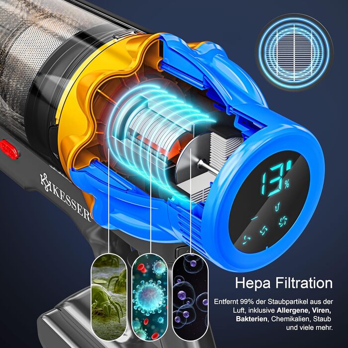Бездротовий акумуляторний пилосос KESSER® з LED-дисплеєм | Тихий, без мішка, з антинамотувальною щіткою для твердих поверхонь, килимів та шерсті тварин (Синій/Золотий)