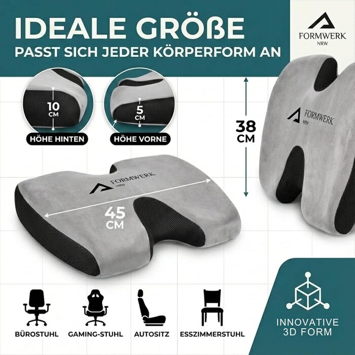 Ортопедична подушка для сидіння Formwerk NRW - преміум якість, 3D Memory Foam, для офісу та авто, OEKO-TEX-100 (60-100 кг), сіра