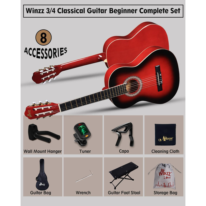 Класична гітара Winzz 4/4 для дорослих та дітей (від 11 років), набір для початківців - Чорний глянцевий (39 дюймів), 3/4 - Червоний