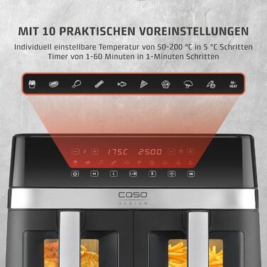 Фритюрниця без олії CASO AirFry 6.0, 14 л, 8 програм, LED-дисплей, тиха (38 дБ), нержавіюча сталь, чорна