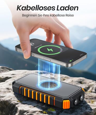 Power Bank ADDTOP 20000mAh сонячна бездротова з USB-C, швидка зарядка 3.0A, ліхтарик для кемпінгу, помаранчевий