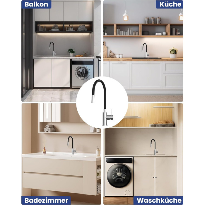 Чорний кухонний змішувач з гнучким виливом, 360° обертання, 2 режими струменя, нержавіюча сталь