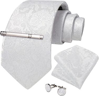 Краватка чоловіча шовкова з візерунком павліочиків та квітів DiBanGu, комплект з нагрудною хустиною, краваттями-манжетами та краваттями-зажимами для весілля та ділових зустрічей, білий
