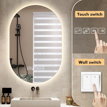 Дзеркало для ванної кімнати з підсвічуванням LED, 60 см, протитуманна функція, Bluetooth, сенсорний вимикач, регулювання яскравості, 3000K/4000K/6500K, HD-загартоване скло, 500x750 мм (овальне)