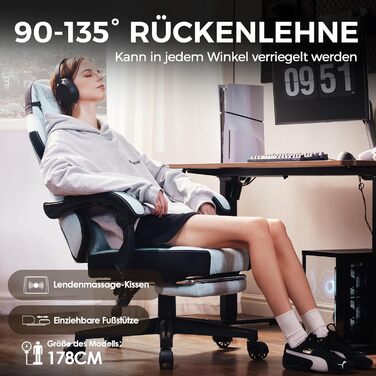 Ігровий крісло Dowinx з тканиною, пружинним сидінням та масажем попереку, з підніжкою для дорослих. Ергономічне, велике та високе крісло для офісу та ігор, до 135 кг, колір - аква