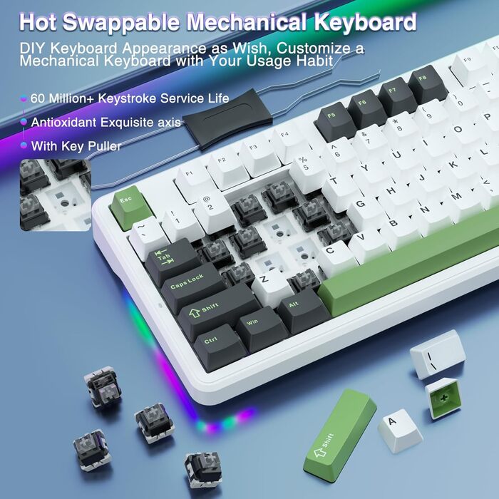 Ігрова механічна клавіатура AULA F87: бездротовий TKL, RGB, Hot-Swap, QWERTY, підтримка Bluetooth 5.0, п'ятишарове демпфування